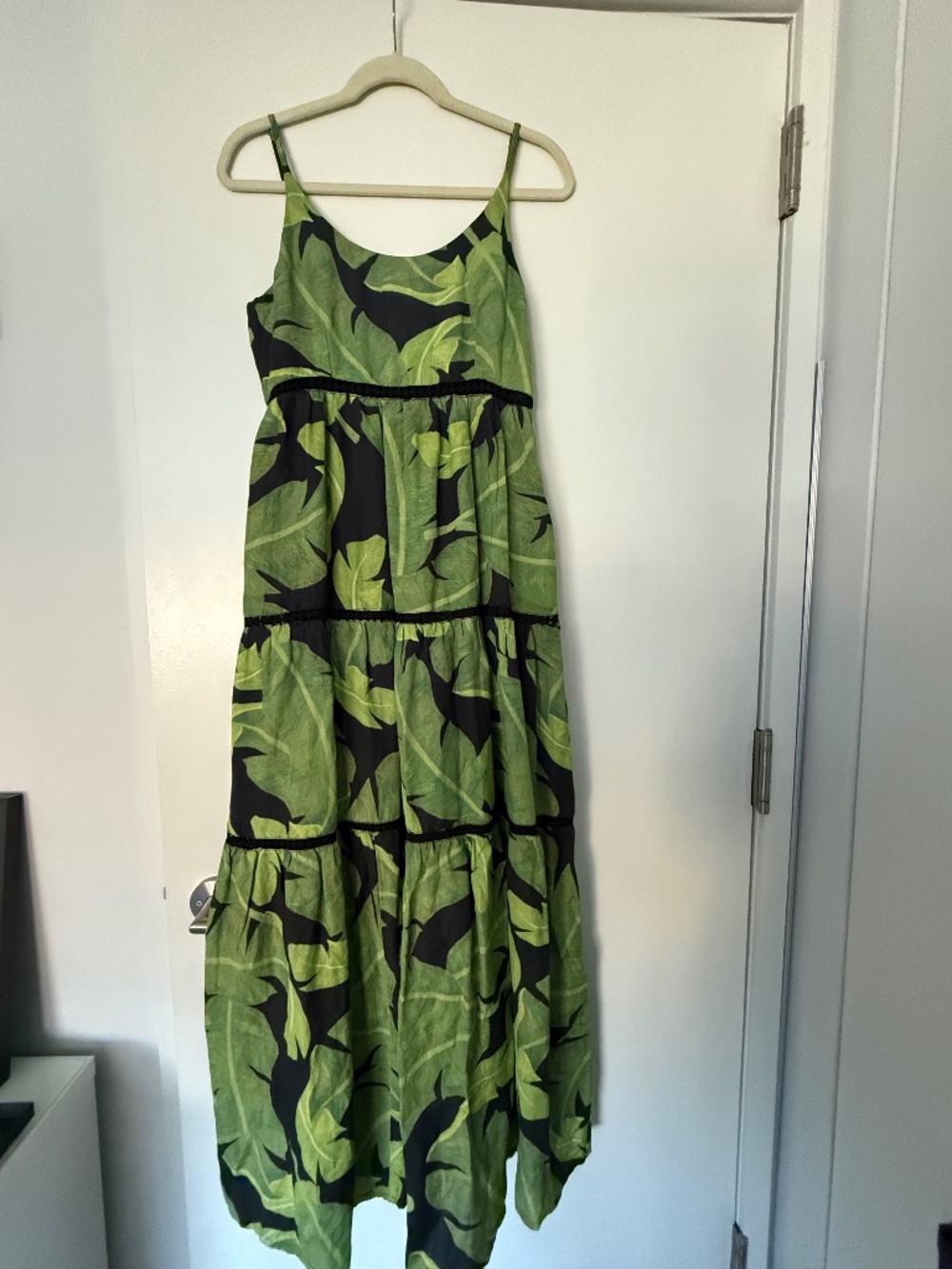 Green Leaf Print Maxi Dress - Sleeveless Tiered Summer Dress